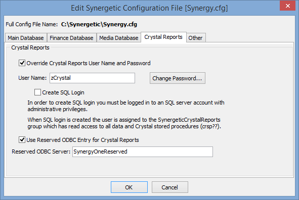 Edit Synergetic Configuration File [Synergy.cfg] window - Crystal Reports tab